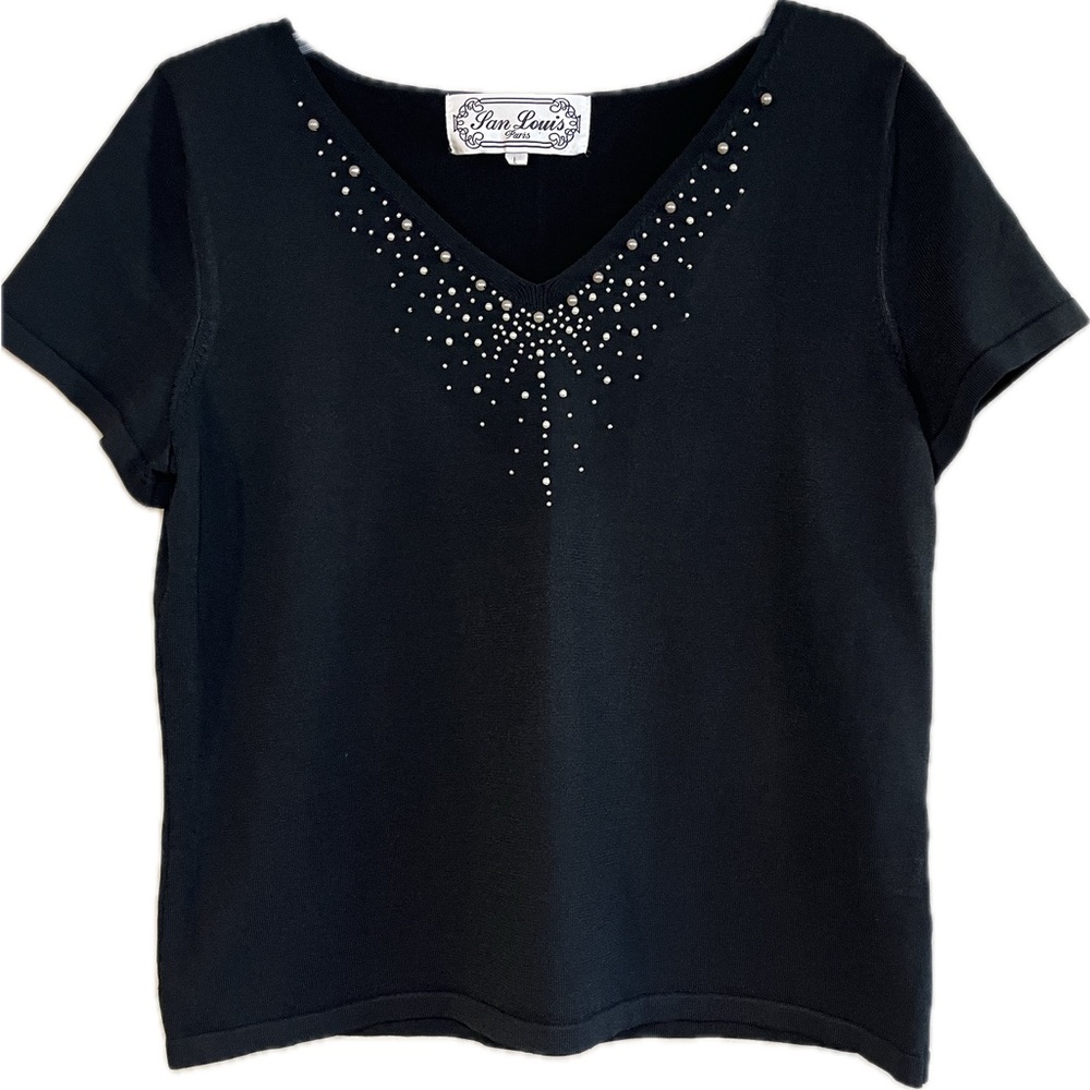 Vintage San Louis Paris Black Pearl Embellished Sleeve Rayon/Nylon Top, L